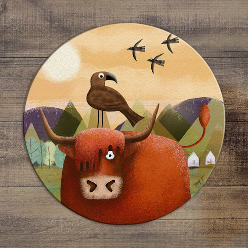 BooBoo the Highland and Bob the Buzzard - Highland Circular Glass Art  Worktop Saver